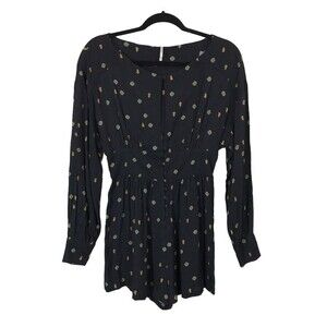 Free People Love Grows Size XS Front Button Print Long Sleeve Black Boho Romper
